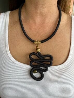 Black Rope Statement Necklace with Gold Accents